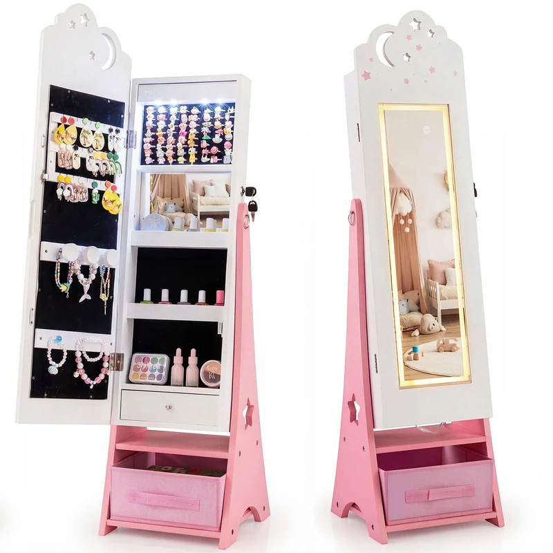 SFAREST Kids Jewelry Cabinet, Freestanding Girls Jewelry Organizer with Full-Length Mirror, LED Lights and Foldable Drawer, Wooden Princess Jewelry Armoire for Bedroom (White)