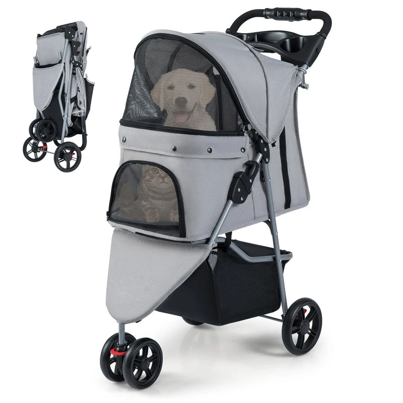 SFAREST Folding Pet Stroller, Portable Pet Travel Pushchair with Adjustable Canopy, 3 Shock-Absorbing Wheels, Storage Basket and Cup Holder, 3 Wheel Pet Travel Carrier for Dogs and Cats (Grey) - Image 1
