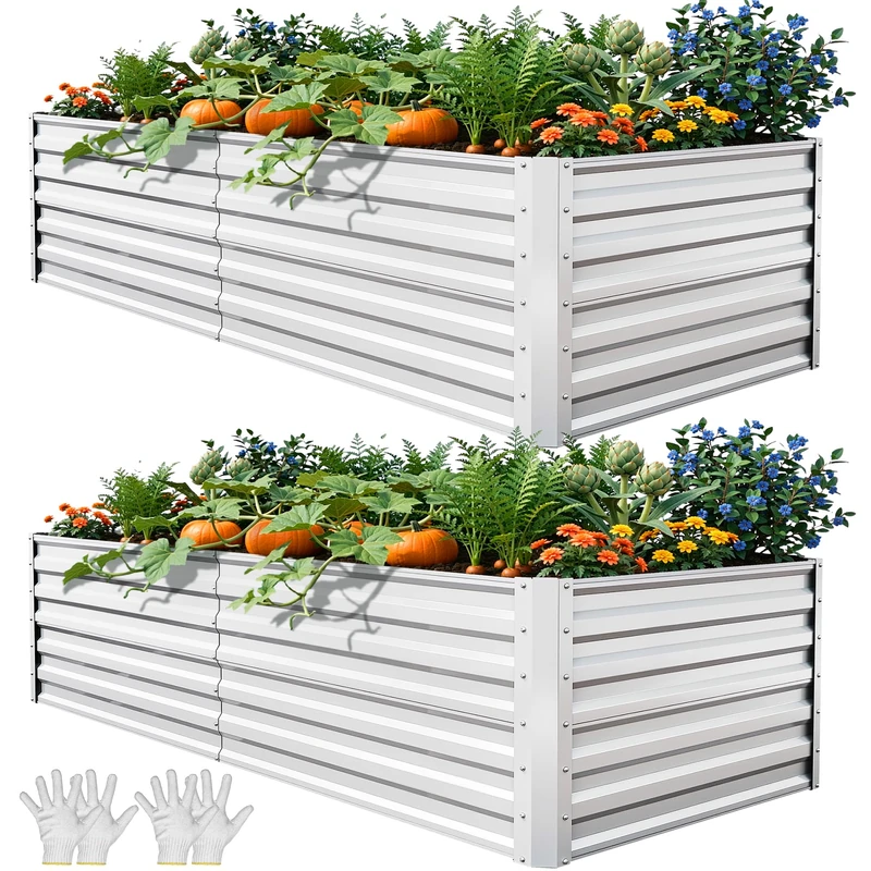 YITAHOME 2Pcs Outdoor Raised Garden Bed Kit 180x90x60cm, Raised Beds Thickened Zinc-Aluminum-Magnesium Metal Raised Beds for Garden with Support Rod & Gloves for Vegetables Flowers Fruits (Silver)