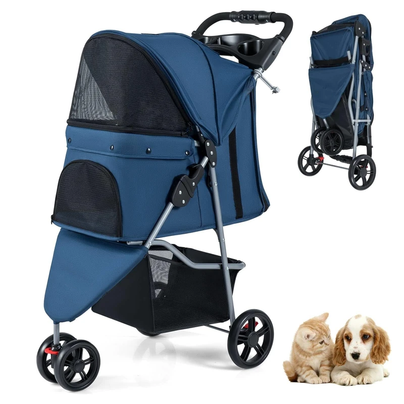 SFAREST Folding Pet Stroller, Portable Pet Travel Pushchair with Adjustable Canopy, 3 Shock-Absorbing Wheels, Storage Basket and Cup Holder, 3 Wheel Pet Travel Carrier for Dogs and Cats (Navy) - Image 1