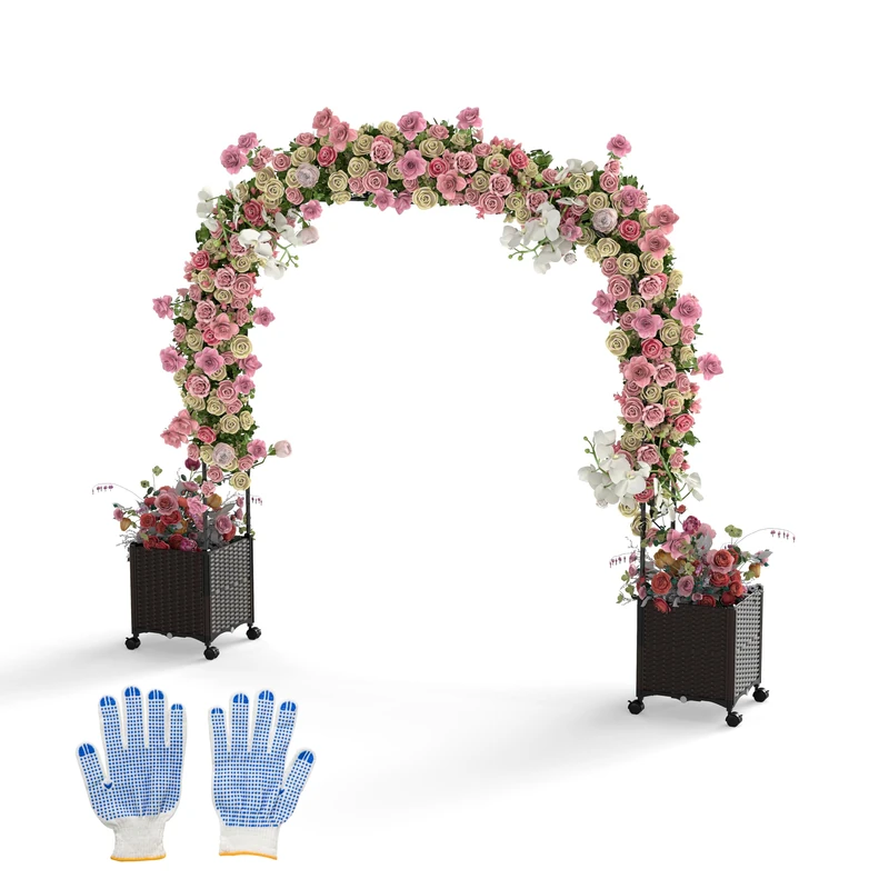 FANTASK 2-in-1 Rose Arch with Planters, 288 x 40 x 202 cm, Garden Arch with 2 Planters on Wheels & Drainage Holes, Metal & PP Trellis, Archway for Climbing Plants, Outdoor - Image 1