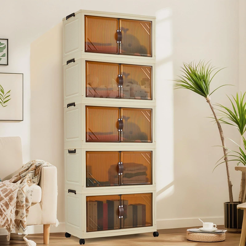 GarveeHome Foldable Plastic Wardrobe, 5 Compartments, Magnetic Doors & Wheels, Sturdy Multi-Purpose Cabinet for Children's Clothes, Toys, 62 cm Wide, Vertical Stripes, Double Door