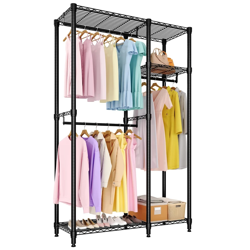GarveeLife Open Clothes Rack, 110 x 40 x 194.2 cm Freestanding Clothes Rail, Sturdy Wardrobe with Height-Adjustable Shelves, Hanger for Bedroom and Hallway