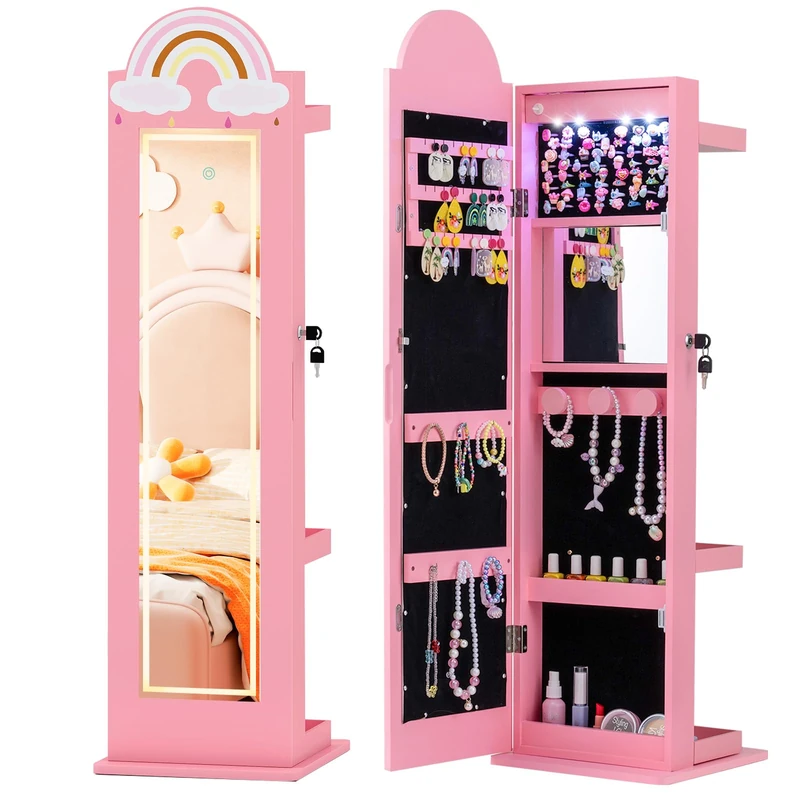 SFAREST Kids Jewelry Cabinet, Freestanding Girls Jewelry Organizer with Full-Length Mirror, LED Lights, Rack and Storage Shelves, Children Jewelry Armoire for Bedroom (Pink)