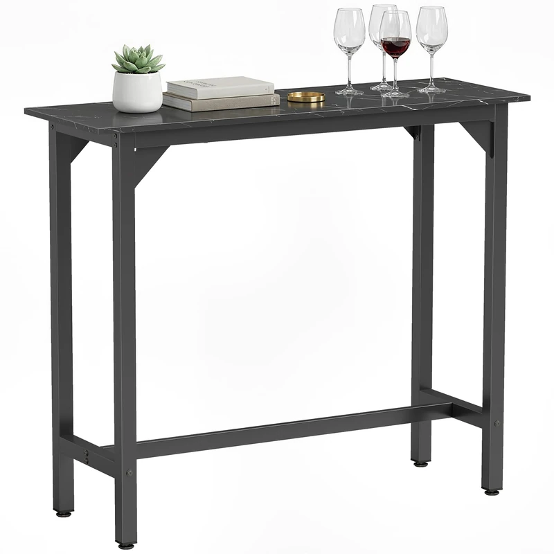 HOMCOM Rectangular Bar Table, Marble Effect Pub Coffee Table with Adjustable Footpads, Metal Frame, for Small Space, Breakfast Dining, Kitchen, Living Room, Industrial, Black Marble Effect