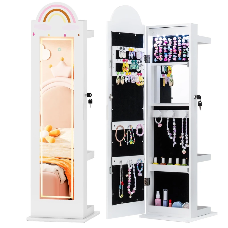 SFAREST Kids Jewelry Cabinet, Freestanding Girls Jewelry Organizer with Full-Length Mirror, LED Lights, Rack and Storage Shelves, Children Jewelry Armoire for Bedroom (White)