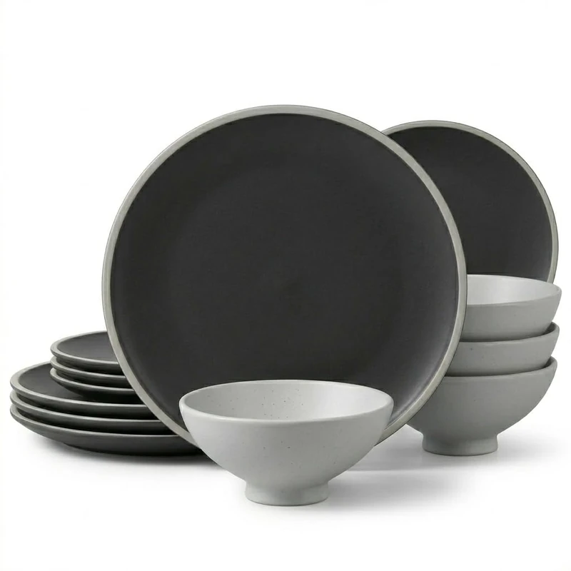 MasterChef 12 Piece Dinner Set, Stoneware Dinnerware Set for 4, Reactive Glaze Dining Ware Include Plates and Bowls, Chip and Scratch Resistant, Microwave & Dishwasher Safe, Nagoya Range