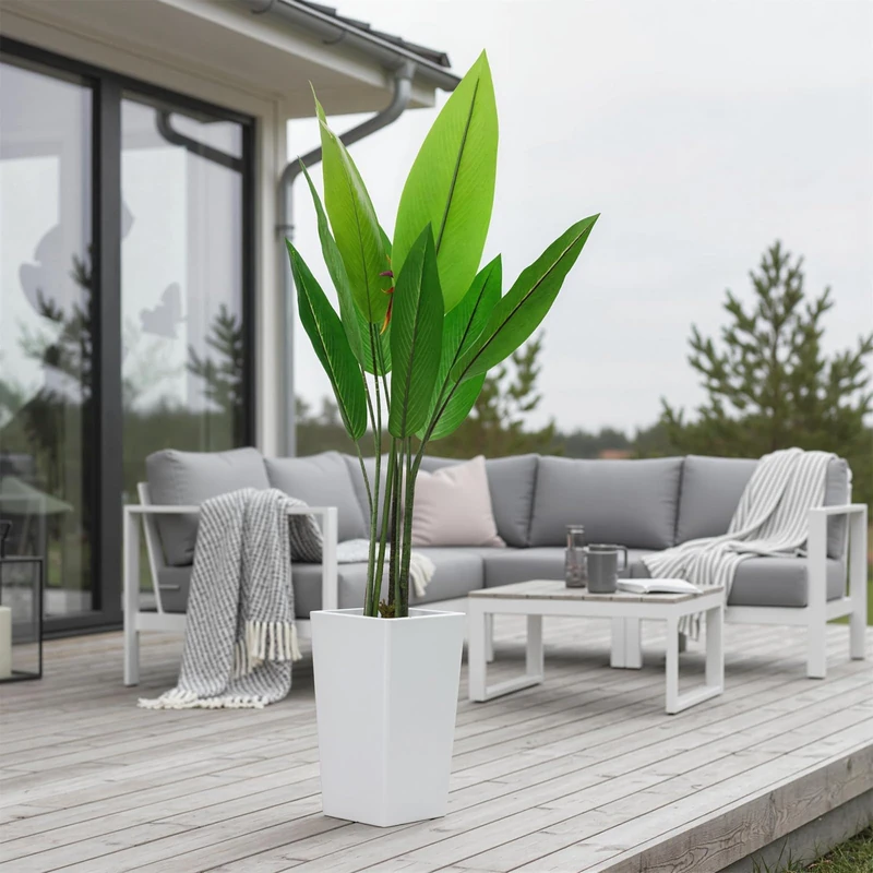 Artificial Bird of Paradise Plant, Indoor Fake Tropical Palm Tree with White Pot, 147cm Tall Faux Floor Plants Lifelike Banana Leaves, for Home Office Living Room Outdoor Housewarming Decor