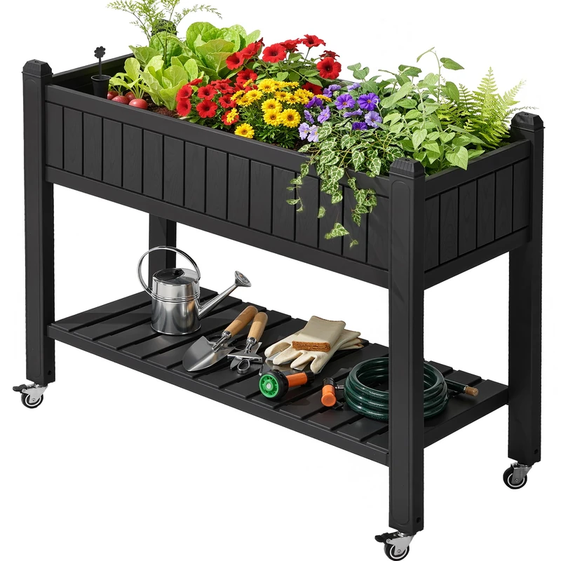 YITAHOME Raised Beds with trellis 108.5 * 44 * 89.5cm,Garden trellis with Wheels,Drainage Holes and Plugs for Climbing Plants,raised planter holds 15 lbs for Vegetables Flowers Fruit(Black)
