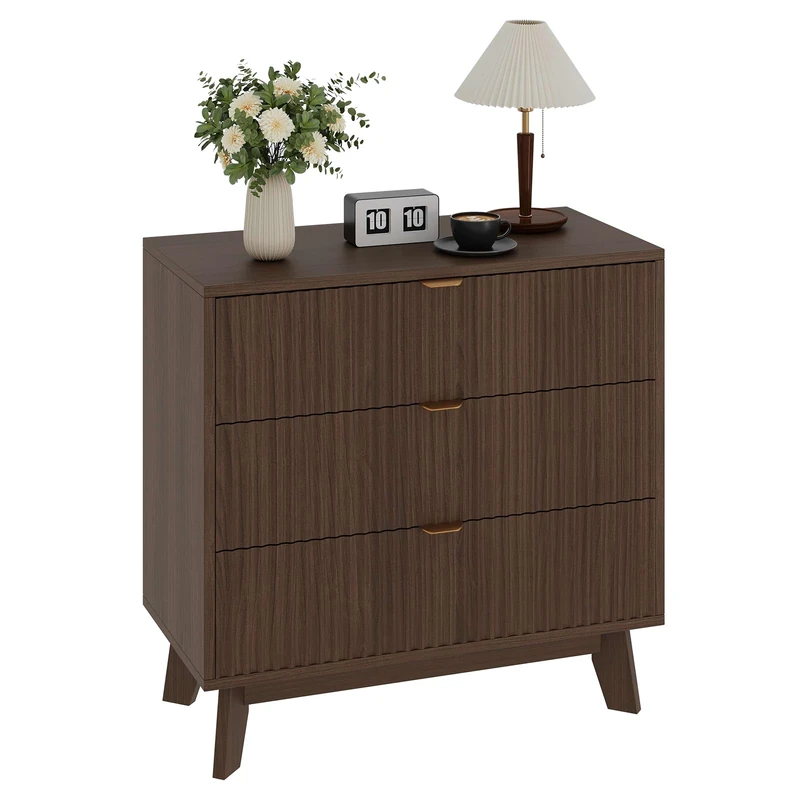 Garvee Modern Fluted 3 Drawer Chest of Drawers Curved Storage Cabinet TV Stand Wooden Storage Set Multifunctional Living Room Bedroom Hallway Home Furniture - Image 1