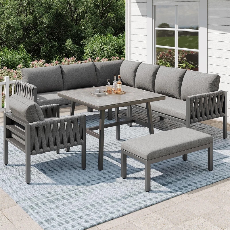 Ball & Cast Garden furniture set, rope-weave outdoor sofa set with galvanized steel frame, adjustable legs, L-shaped sofa, tempered glass table top, includes all seat and back cushions, Grey