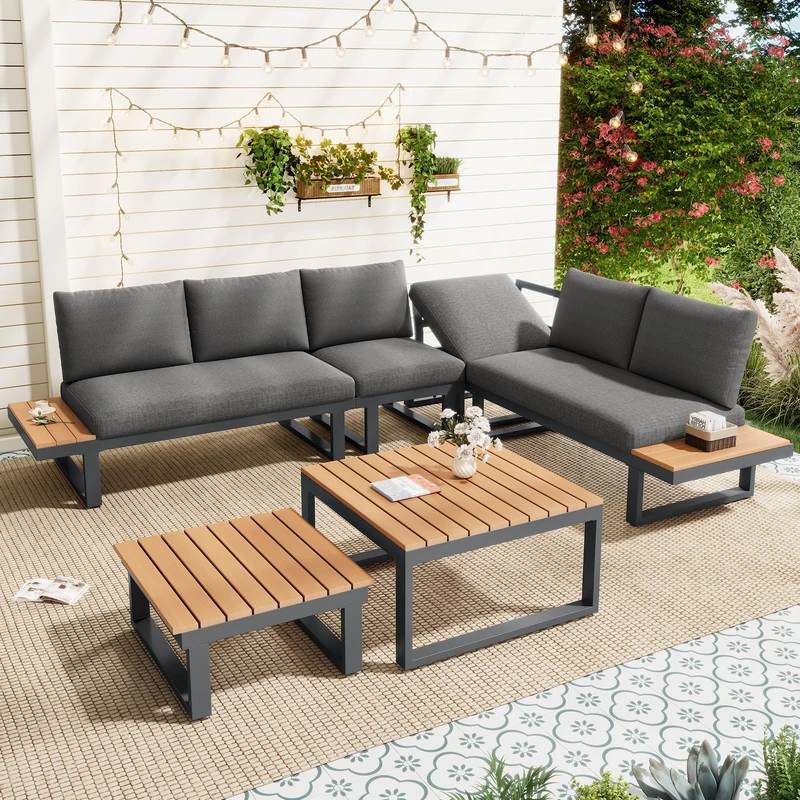 Ball & Cast 5-6 Seater Garden Lounge Set, Galvanized Iron Frame Outdoor Patio Furniture, 6-Piece Set, Reclining & Adjustable Seating, 2 WPC Tabletop Table Included, Gray fabric + black frame
