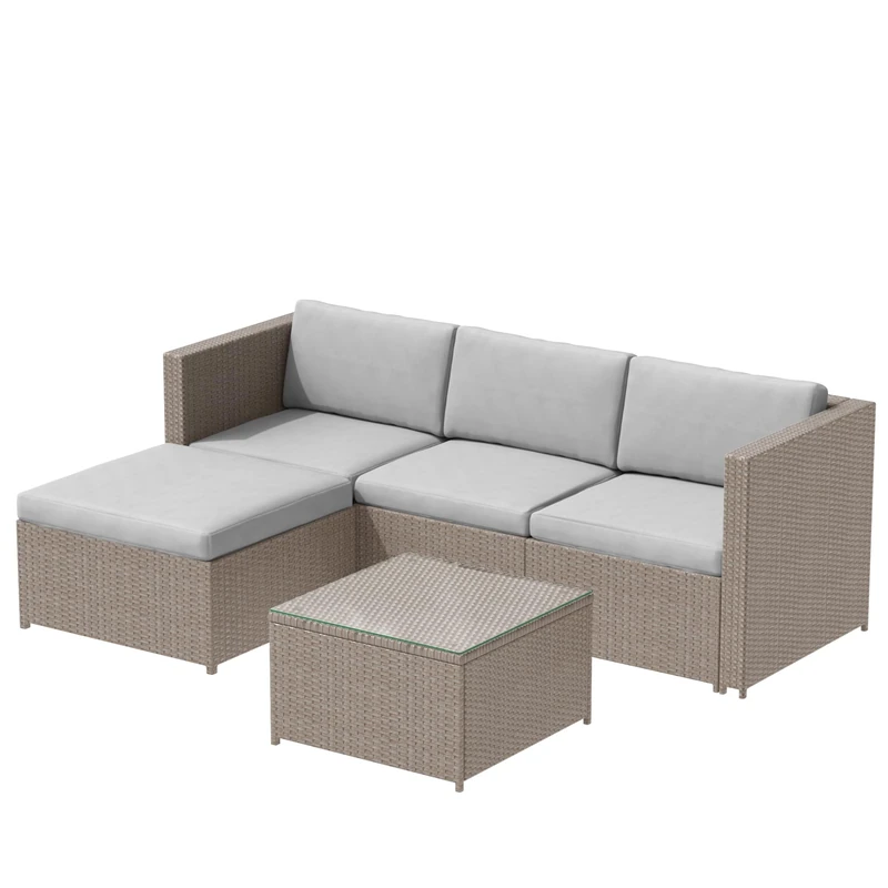 Ball & Cast Garden Corner Sofa Rattan Furniture Set 4 Seater Patio Outdoor Lounge Settee with Glass Coffee Table All-weather (Khaki Rattan+Khaki Cushion)