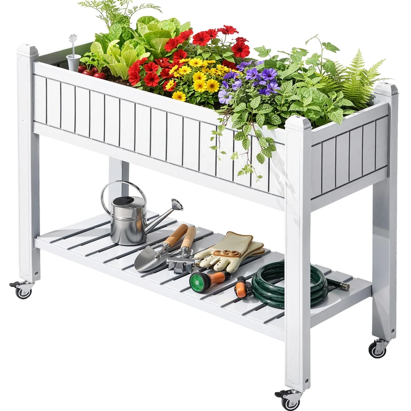 YITAHOME Raised Beds with trellis 108.5 * 44 * 89.5cm,Garden trellis with Wheels,Drainage Holes and Plugs for Climbing Plants,raised planter holds 15 lbs for Vegetables Flowers Fruit(White)