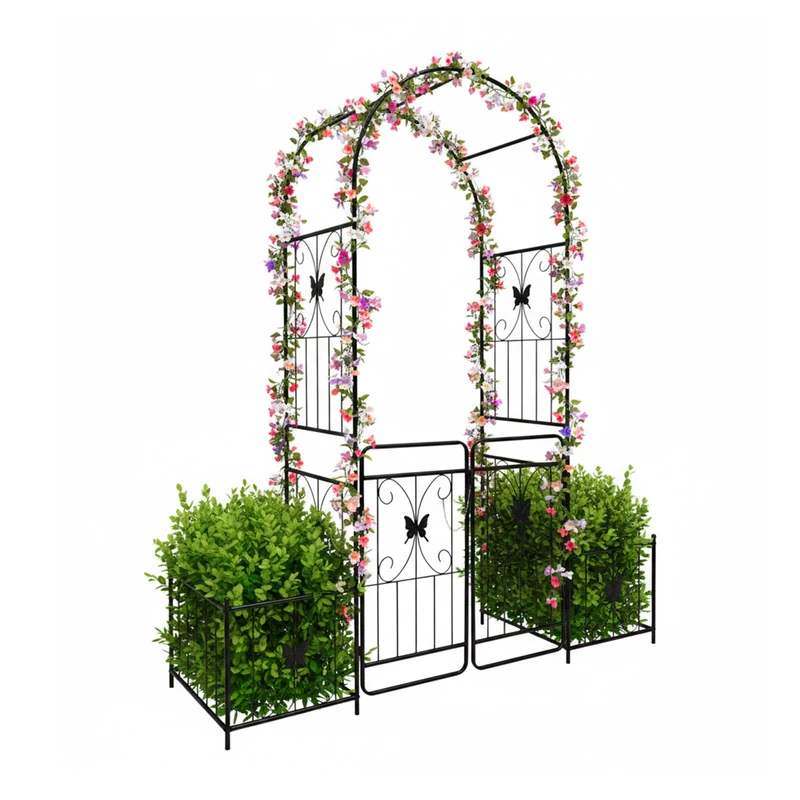Relaxdays Powder-Coated Iron Rose Arch with Double Gate, Planters, 220x202x50 cm, Black Garden Arch