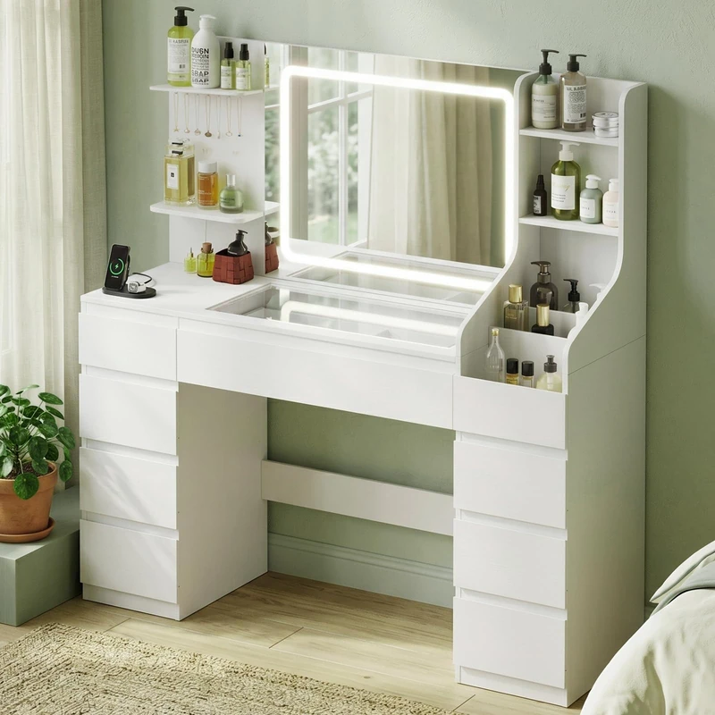 TRIUMPHKEY 135cm Dressing Table with Large LED Mirror, Vanity Desk