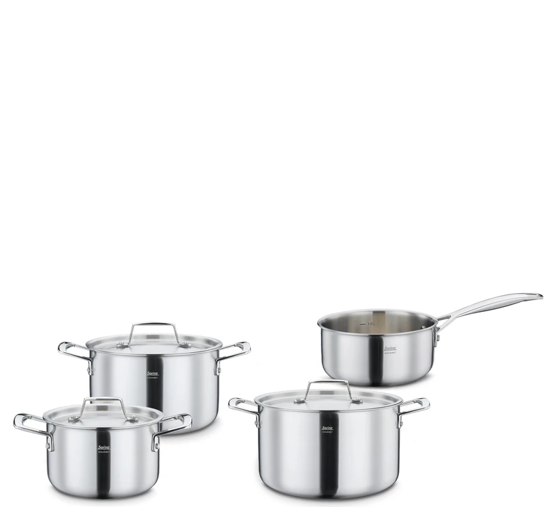 Spring Gourmet 4-Piece Saucepan and Lids, Multilayer Stainless Steel 18/0 Outside 18/10 Inner with Aluminium Core, Suitable for Induction Cookers, 1.4 L, 2.0 L, 2.7 L, 3.7 L Cooking Pot Set
