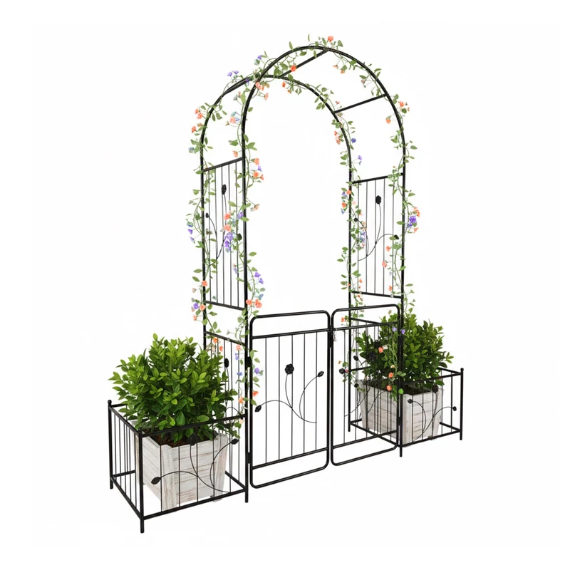 Relaxdays Metal Rose Arch with Gate & Planters, 220x202x50 cm, Garden Arch in Black