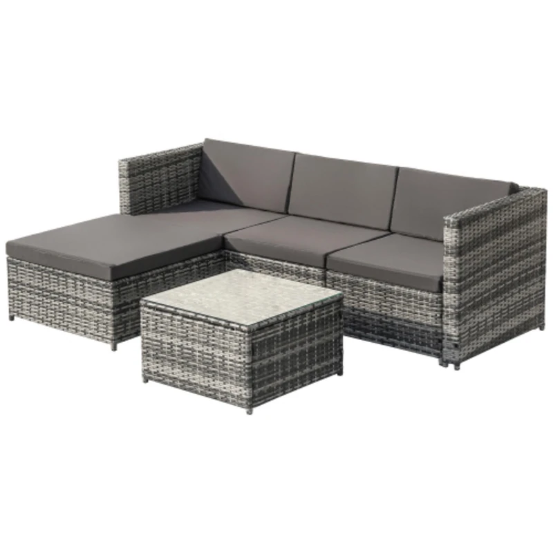 Ball & Cast Garden Corner Sofa Rattan Furniture Set 4 Seater Patio Outdoor Lounge Settee with Glass Coffee Table All-weather (Gray Rattan+Gray Cushion)