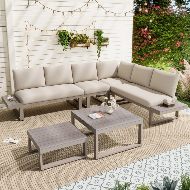 Ball & Cast 5-6 Seater Garden Lounge Set, Galvanized Iron Frame Outdoor Patio Furniture, 6-Piece Set, Reclining & Adjustable Seating, 2 WPC Tabletop Table Included, Beige Fabric + Khaki Frame