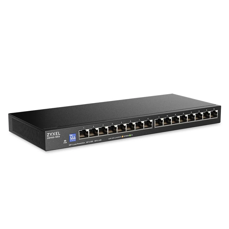 Zyxel 16 Port Network Switch | Unmanaged Gigabit Ethernet Switch | 16x GbE Ports | Slim Design | Switchable DIP | Fanless | Wall Mount Kit Included | GS1100-16ES