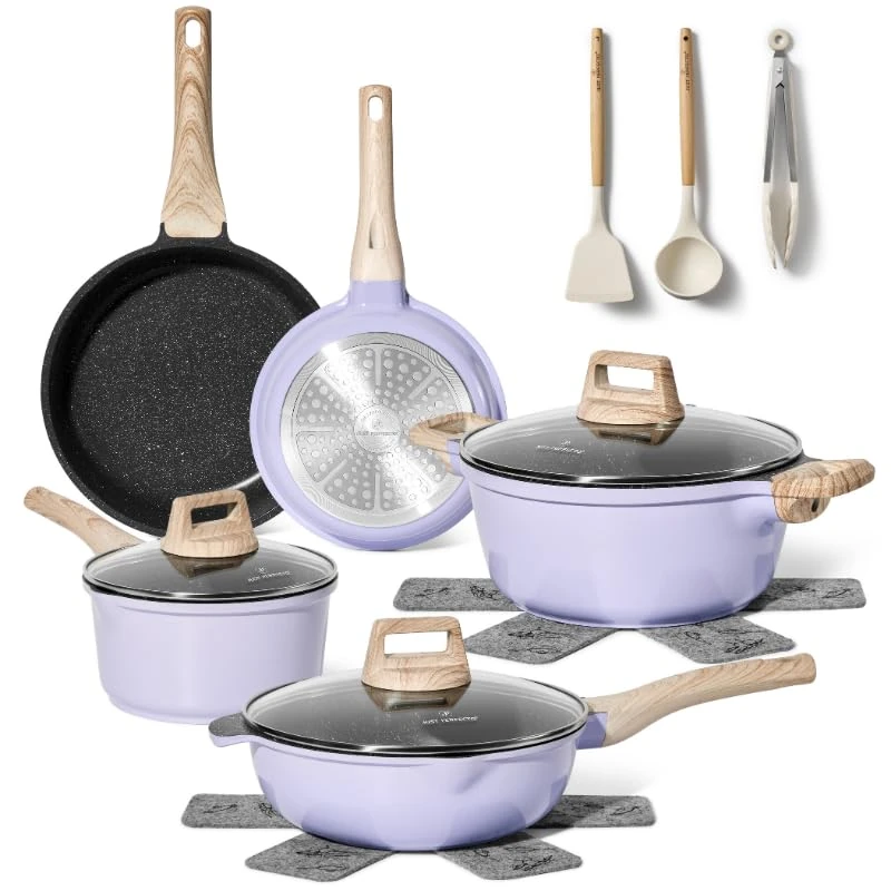Just Perfecto - 13-piece Cooking Set with Granite Look - Suitable for All hobs, Including Induction - Glass lids with steam Opening - Ergonomic Handles - Purple