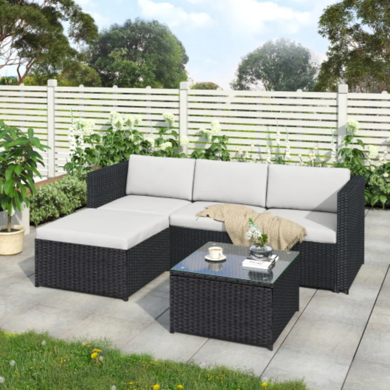 Ball & Cast Garden Corner Sofa Rattan Furniture Set 4 Seater Patio Outdoor Lounge Settee with Glass Coffee Table All-weather (Black Rattan+Black Cushion)