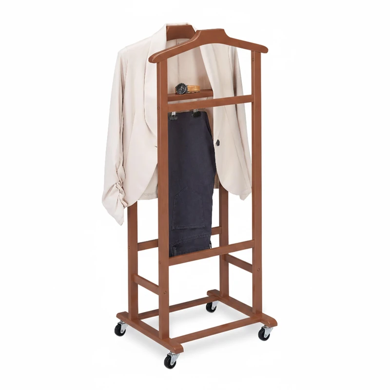 Relaxdays Valet Stand on Castors, Premium Bamboo Clothes Rack for Bedroom, 107x47x37 cm, Brown
