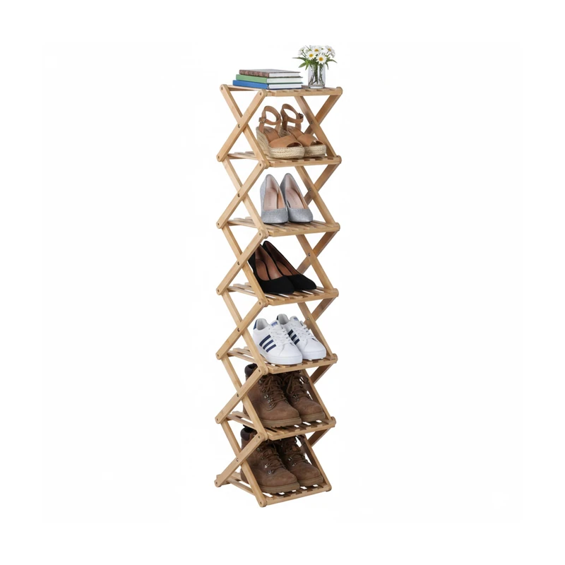 Relaxdays Bamboo Shoe Rack, 7 Shelves, Foldable, Hallway & Bedroom, 125x28x28 cm, Natural - Image 1