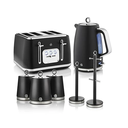 Swan Serenity Complete Essentials Kitchen Set, 1.7L Rapid Boil Kettle, 4 slice Toaster, 3 Canisters, Towel Pole and Mug Tree, Black, EEJB479 - Image 1