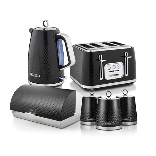 Swan Elegance Complete Kitchen Set, 1.7L Kettle, 4 Slice Toaster, 14L Bread Bin, 3 Canisters & Towel Pole/Mug Tree, Black, EEJB480 - Image 1