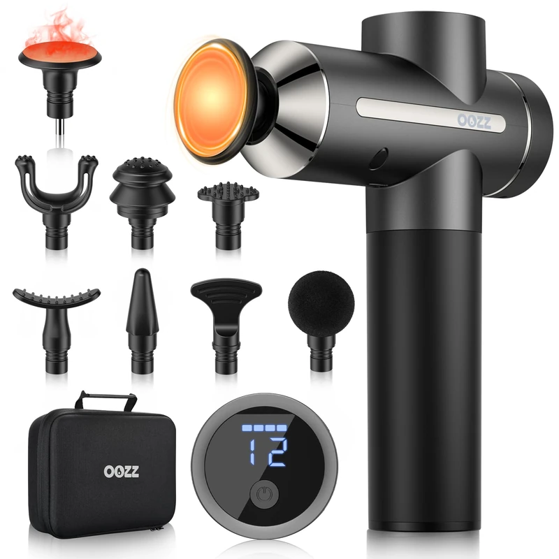 OOZZ Massage Gun with Heat, Body Massager with Force Sensor, 12 Intensity Levels, Professional Handheld Muscle Massager with Carry Case, 8 Interchangeable Heads, Deep Tissue Massage Gun, OZ-3611