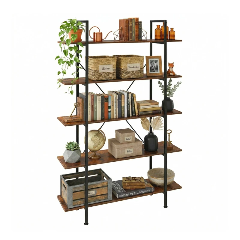 Relaxdays Industrial Bookcase with 5 Shelves, MDF & Steel, 177.5 x 105 x 33.5 cm, Brown