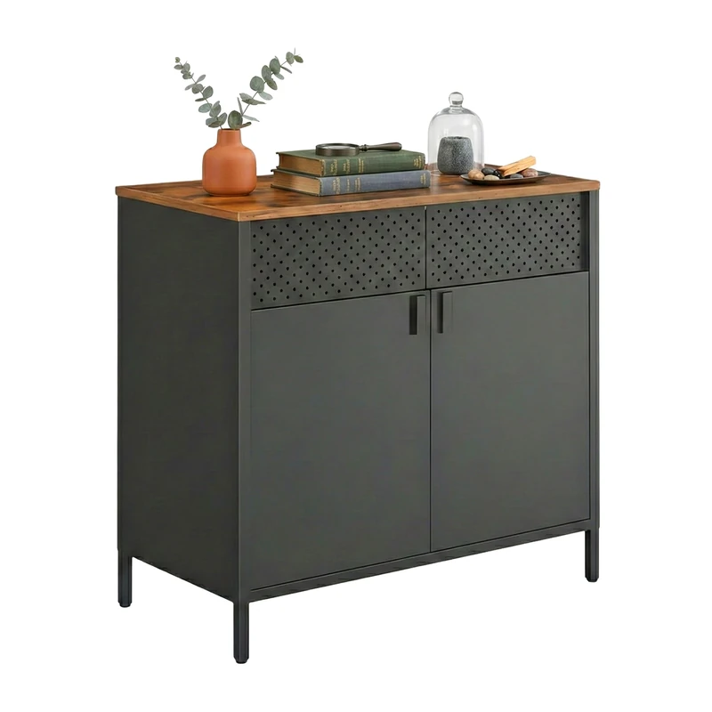 Relaxdays Metal Office Cabinet with 2 Doors, Adjustable Shelf, 77x80x40 cm, Black/Brown