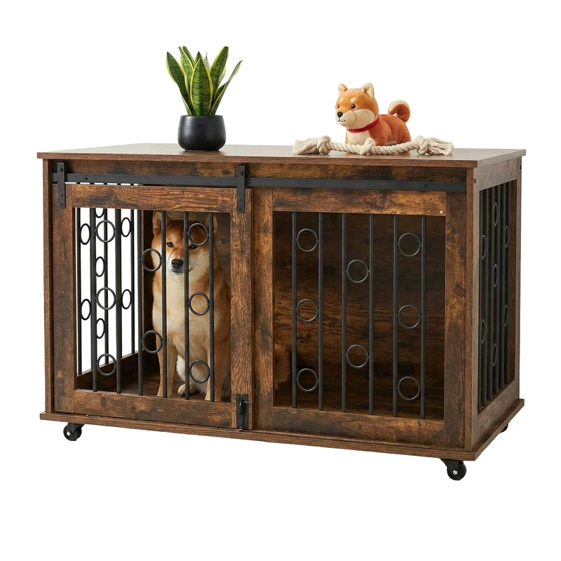 Relaxdays Dog Crate Furniture with Shelf & Casters, 2 Doors, 64x100x59 cm, Brown/Black