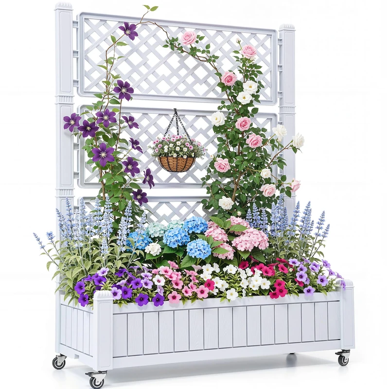 YITAHOME Raised Beds with trellis 108.5 * 44 * 155cm,Garden trellis with Wheels,Drainage Holes and Plugs for Climbing Plants,raised planter holds 15 lbs for Vegetables Flowers Fruit(Grey)