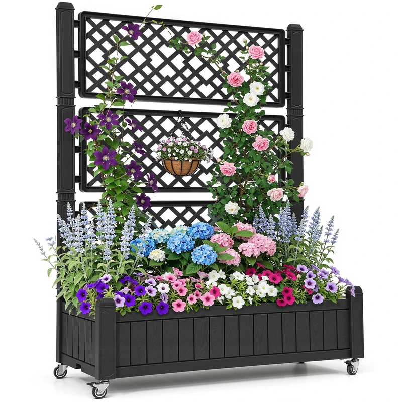 YITAHOME Raised Beds with trellis 108.5 * 44 * 155cm,Garden trellis with Wheels,Drainage Holes and Plugs for Climbing Plants,raised planter holds 15 lbs for Vegetables Flowers Fruit(Black)