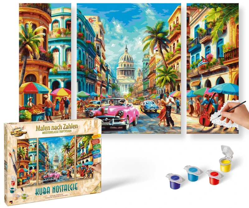 Schipper Paint by Numbers - Cuba Nostalgia - Painting Pictures for Adults, Includes Brush and Acrylic Paints, Triptych, 50 x 80 cm