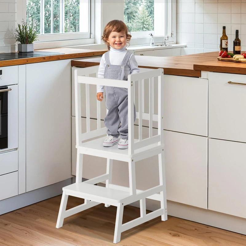 COSYLAND Toddler Kitchen Tower, Kids Learning Helper with Stable A-Frame Design, Anti-Tip Step Stool for Kitchen Counter, Standing Tower for Toddlers 1.5–3 Years (White & Natural)