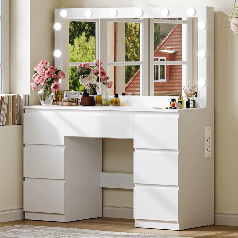 JUMMICO Dressing Table,Vanity Desk with Large Mirror and 12 LED Lights, 3 Lighting Modes,Makeup Desk with 7 Drawers and Power Outlet for Bedroom,Dressing Room,White