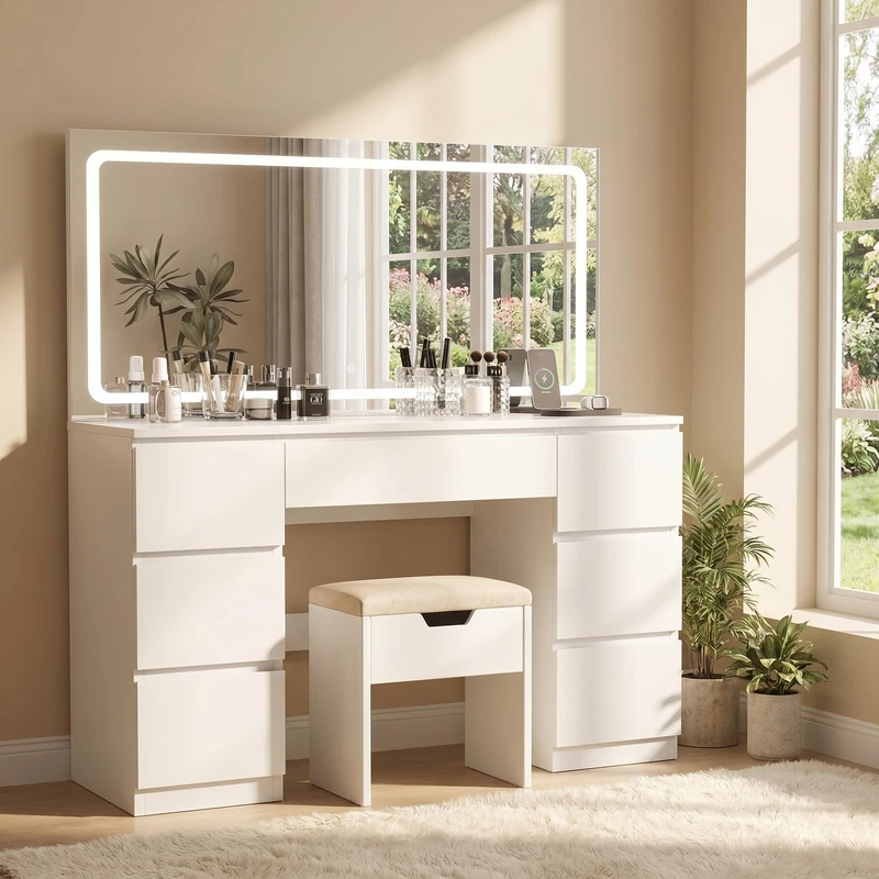 JUMMICO Dressing Table with LED Mirror and Stool,Large Vanity Desk with 3 Color Lighting,Adjustable Brightness,7 Drawers,Makeup Desk with Power Outlet and Hair Dryer Holder for Bedroom - Image 1