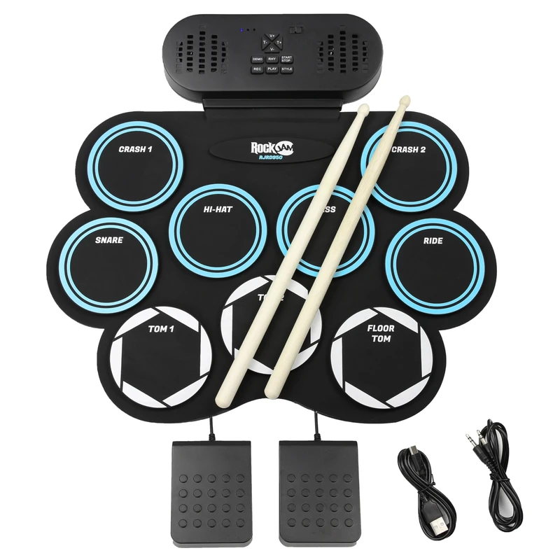 RockJam Bluetooth Roll Up Electronic Drum Kit with 9 Pads, Foot Pedals & Drum Sticks – Portable Rechargeable Electronic Drum Set