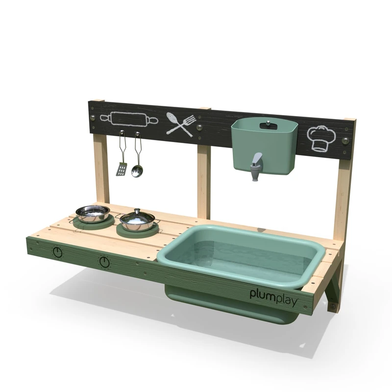 Plum Play Splash and Mash Discovery Mud Kitchen with Water Tap and Sink- Cooking Utensils - Hob and Pan - Outdoor Garden Roleplay Kitchen to attach to Playhouses, Fences or Walls (Extra Large)