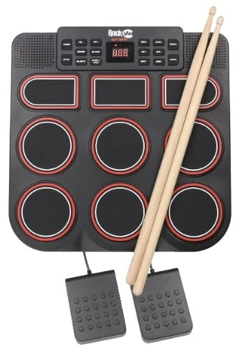 RockJam Tabletop Electronic Drum Kit, 9 Pad Digital Drum Set with Bluetooth, USB MIDI, Built-in Speakers, Foot Pedals & Drum Sticks – Portable Rechargeable Practice Drum Pad