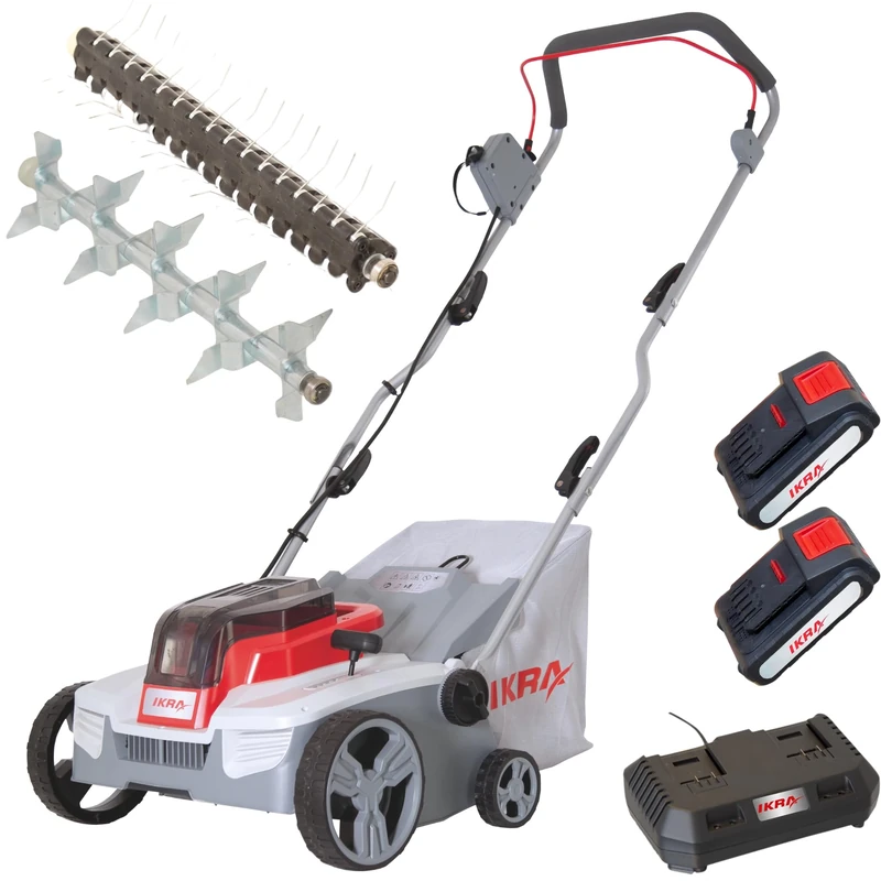 IKRA Cordless Scarifier Lawn Aerator 3-in-1 IAVL 2-2032, Collection Tray 30l, 32 cm, 2X Battery 20V 2.0Ah & Quick Charger