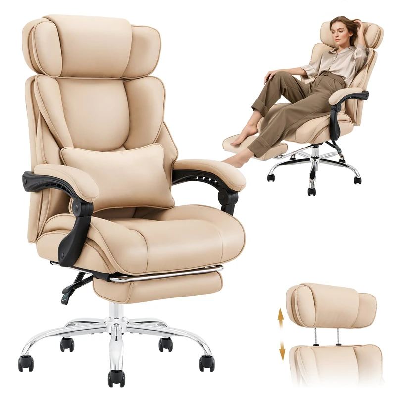 COLAMY Office Chair with Footrest-Ergonomic High Back Design Executive Computer Desk Chair with Removable Lumbar Pillow, 90-135°Reclining, Thick Bonded Leather for Home Office Work Comfort (Khaki)