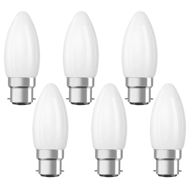 OSRAM LED lamp Superstar B40 Candle Shape Filament dimmable, 2700 K Warm White, 3.4 W, B22d, Frosted, 470 lm, 15,000 h, for Chandeliers, wall Lights,6-Pack