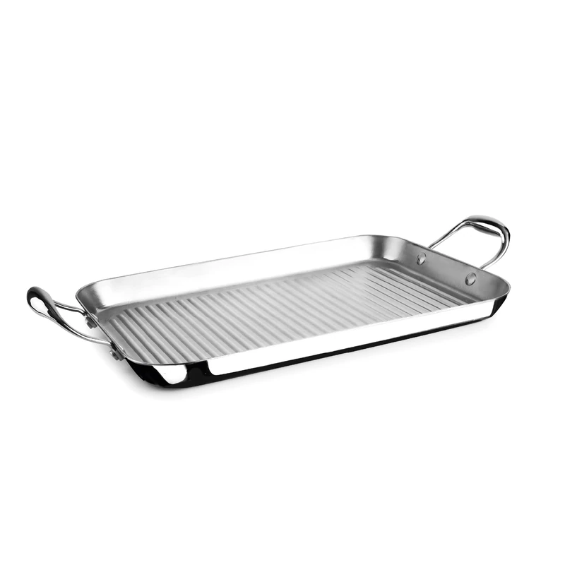 IBILI - Grill Triply Natural Triply Wavy Griddle, 38 x 25 cm, Stainless Steel, Suitable for Induction, Non-Stick