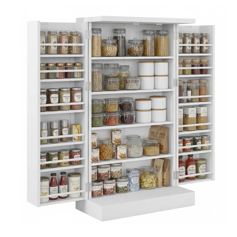 Relaxdays Storage Cupboard with 5 Shelves, Door Rack, 12 Compartments, 103.5x60x30 cm, Country Kitchen, White
