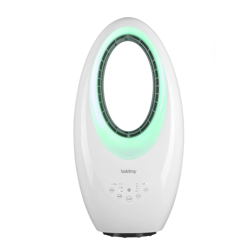 Beldray Compact Bladeless Tower Fan - 50W Oscillating Cooling Fan with Remote Control, 3 Speeds, 7.5 Hour Timer, LED Colour Changing Lights, 45° Oscillation